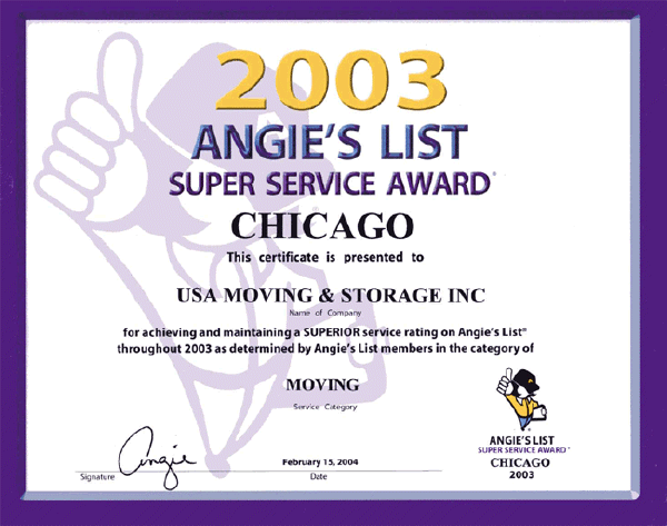 Angie's List award for Chicago movers - 2003