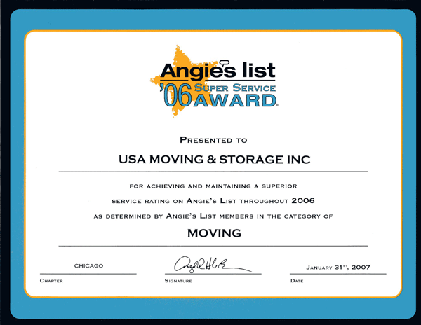 Chicago S Usa Moving And Storage Angie List Award Winning Chicago S Angie List Award For Movers 2006